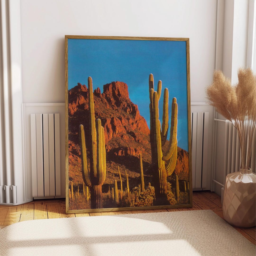 Retro Desert Cactus Print, Vintage Arizona Saguaro Landscape Poster ...