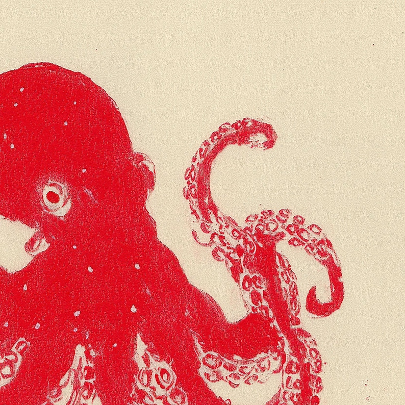 May include: Red octopus illustration on a cream background. The octopus is depicted in a detailed, artistic style, with visible suckers on its tentacles. The image is a close-up, focusing on the creature's head and tentacles, with a textured appearance.