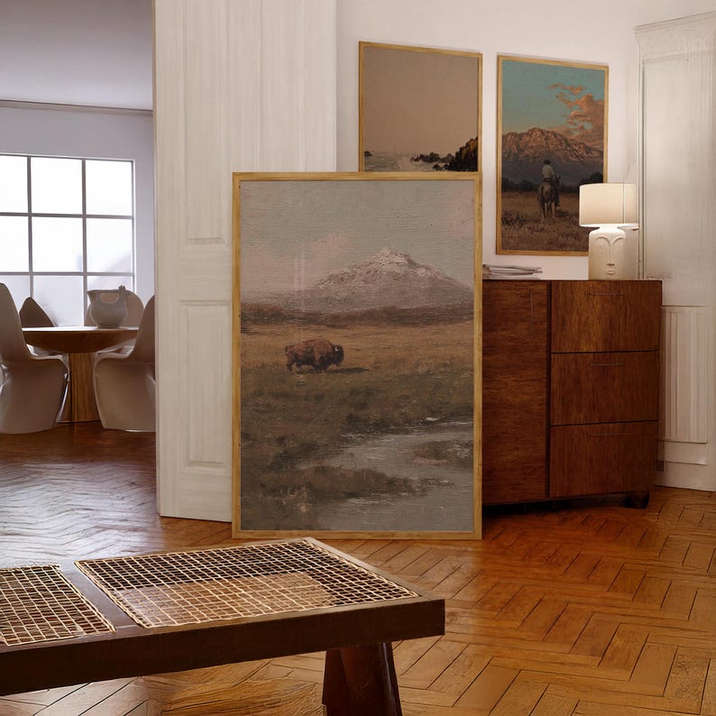Lone Bison in a Field Vintage Oil Painting Print Rustic Antique Retro ...