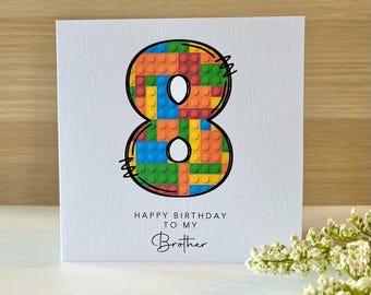 Personalised Building Brick Birthday Card, Colourful Number Card with Custom Name & Age