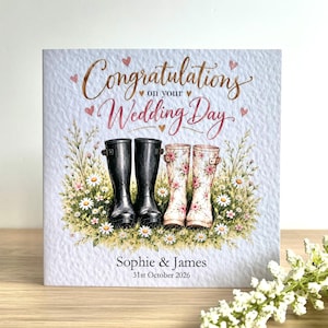 Personalised Wedding Card, Bride and Groom Wellies, Rustic Country Wedding Card, Floral Wellington Boots, Handmade 6x6 Card