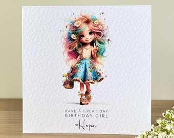 Personalised Colourful Whimsical Girl, Birthday, Thinking of You card