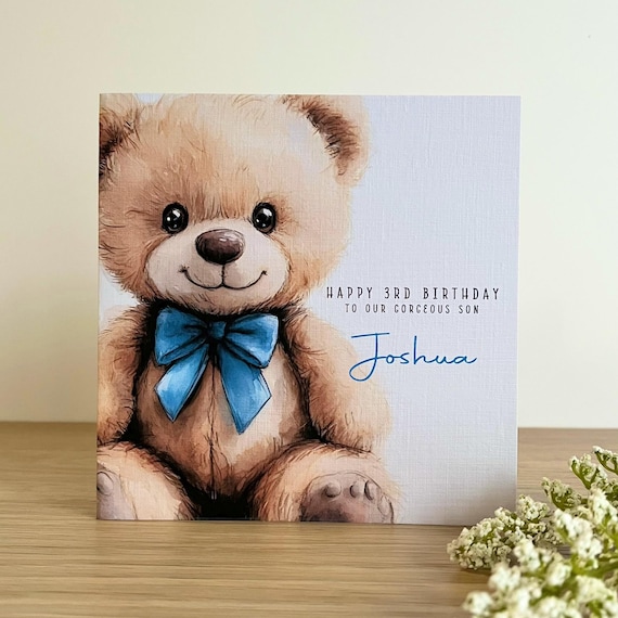 Personalised Teddy Bear Birthday Card for Boys, Cute Blue Bow Card with Custom Name & Age