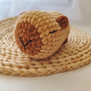 May include: A crocheted stuffed animal in the shape of a sleeping brown and tan guinea pig. The guinea pig is lying on a woven straw mat.