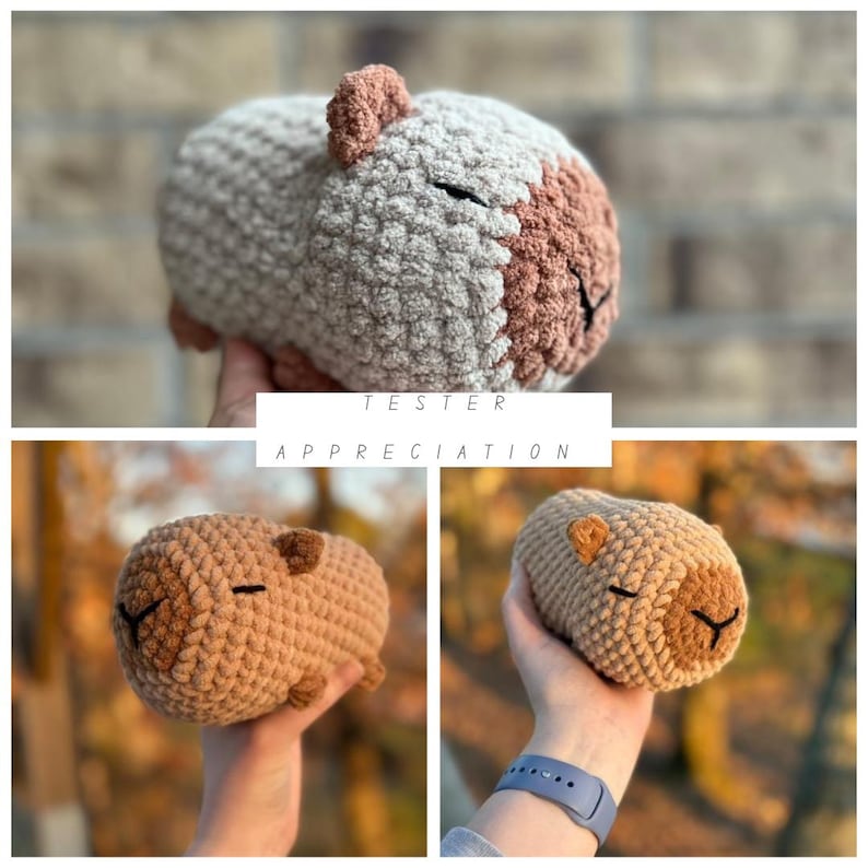 May include: Three crocheted guinea pig plushies in different colors. The first is white with a brown face, the second is brown with a white face, and the third is brown with a white face. The plushies are all lying down with their eyes closed.