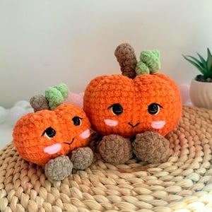 May include: Two orange crochet pumpkins with brown stems and green leaves. Each pumpkin features large black eyes, a small stitched mouth, and pink blush patches on the cheeks. The pumpkins have small brown feet attached to the bottom of their bodies.