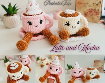 Latte and Mocha Coffee Cup Buddies , Crochet Pattern , Coffee Mug , Amigurumi tutorial , Low Sew , Easy Crochet Pattern