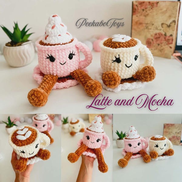 Xícaras de café Latte e Mocha de crochê, padrão de crochê, caneca de café, tutorial de amigurumi, costura simples, padrão de crochê fácil