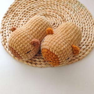 May include: Two crocheted brown and orange bear plushies with closed eyes, lying on a woven straw mat.