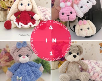 Crochet Bundle/ 4 Crochet Patterns/ Amigurumi Bundle /Crochet Plushies/ Bear Amigurumi/Bunny amigurumi/keychain crochet pattern