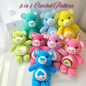Care Bears , Crochet Pattern, Amigurumi Pattern , 8 in 1 Care Bears Crochet Pattern , Low Sew Plushie with 8 Unique Belly Badge Appliqué