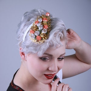 Trachten Fascinator, Blossoms gold-white-salmon, Designer Hat, Flowers, Biedermeier, Bride, Registry Office, Oktoberfest
