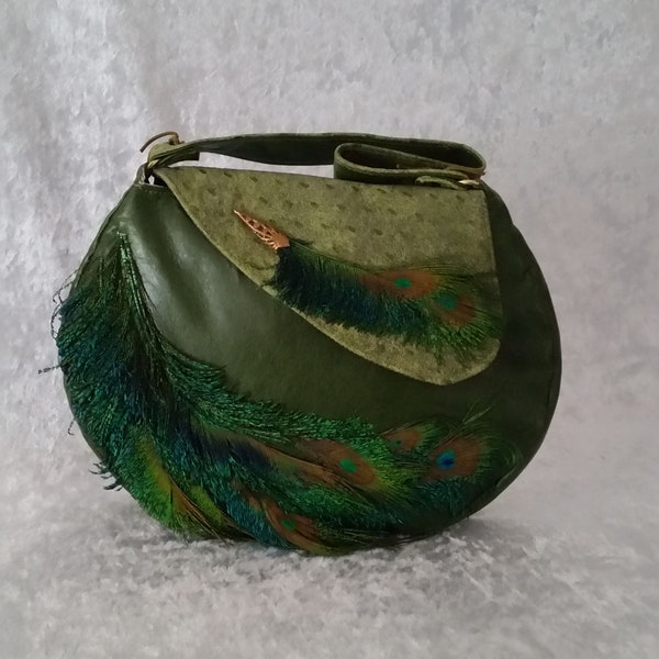 Abend-Tasche "Green Peacock", Leder-Handtasche mit Pfauen-Federn, Unikat, Designertasche, Mode Accessoire,