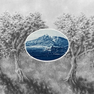 Armenian abundance drawing and cyanotype art print (featuring Mount Ararat, Khor Virap, and Pomegranate trees)