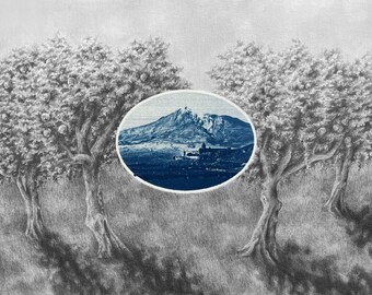 Armenian abundance drawing and cyanotype art print (featuring Mount Ararat, Khor Virap, and Pomegranate trees)