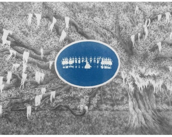 Fine art print of "What the wind brings" Armenian Proverb drawing and cyanotype, with angel oak tree.