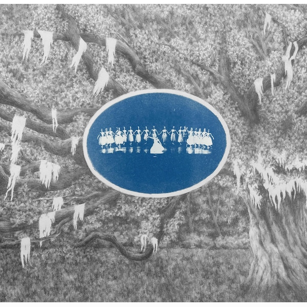 Fine art print of "What the wind brings" Armenian Proverb drawing and cyanotype, with angel oak tree.