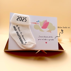 Carte de demande de Noël pour marraine avec chaussette pour bébé, cadeau future marraine pour une amie, une cousine, une soeur, faire-part de bébé avec une chaussette pour bébé, carte 3D