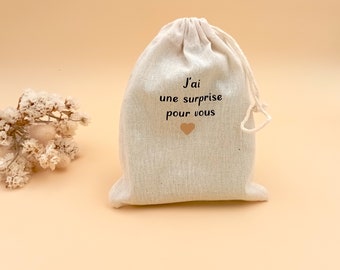 J'ai une Surprise pour vous, pochette en coton pour faire-part de grossesse surprise à une famille, pochette cadeau de Noël, faire-part de bébé, sac