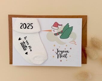 Christmas Personalized Pregnancy Announcement Card with Baby Sock, Stork