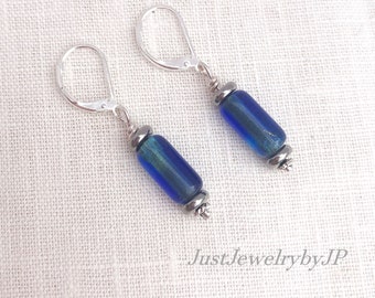 Sapphire Blue Dangle Earrings / Czech Glass / Lever Back Ear Wire