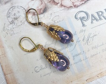 Purple Teardrop Victorian Earrings with Leaf & Scroll Filigree Cap / Amethyst