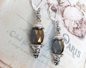 Faceted Oval Blue, Clear and Golden Brown Czech Glass Earrings / Silver plated / Dangle Earrings /
