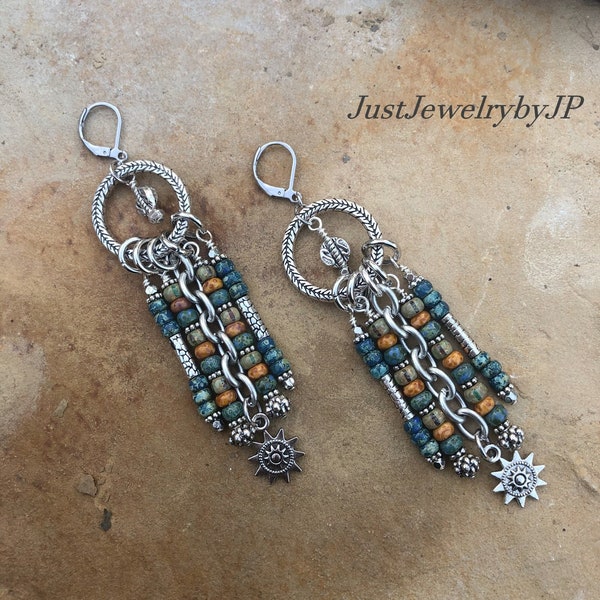 Boho Sunburst Chandelier Earrings, Multi Colored Beaded Earrings, Southwest Jewelry, Picasso Beads
