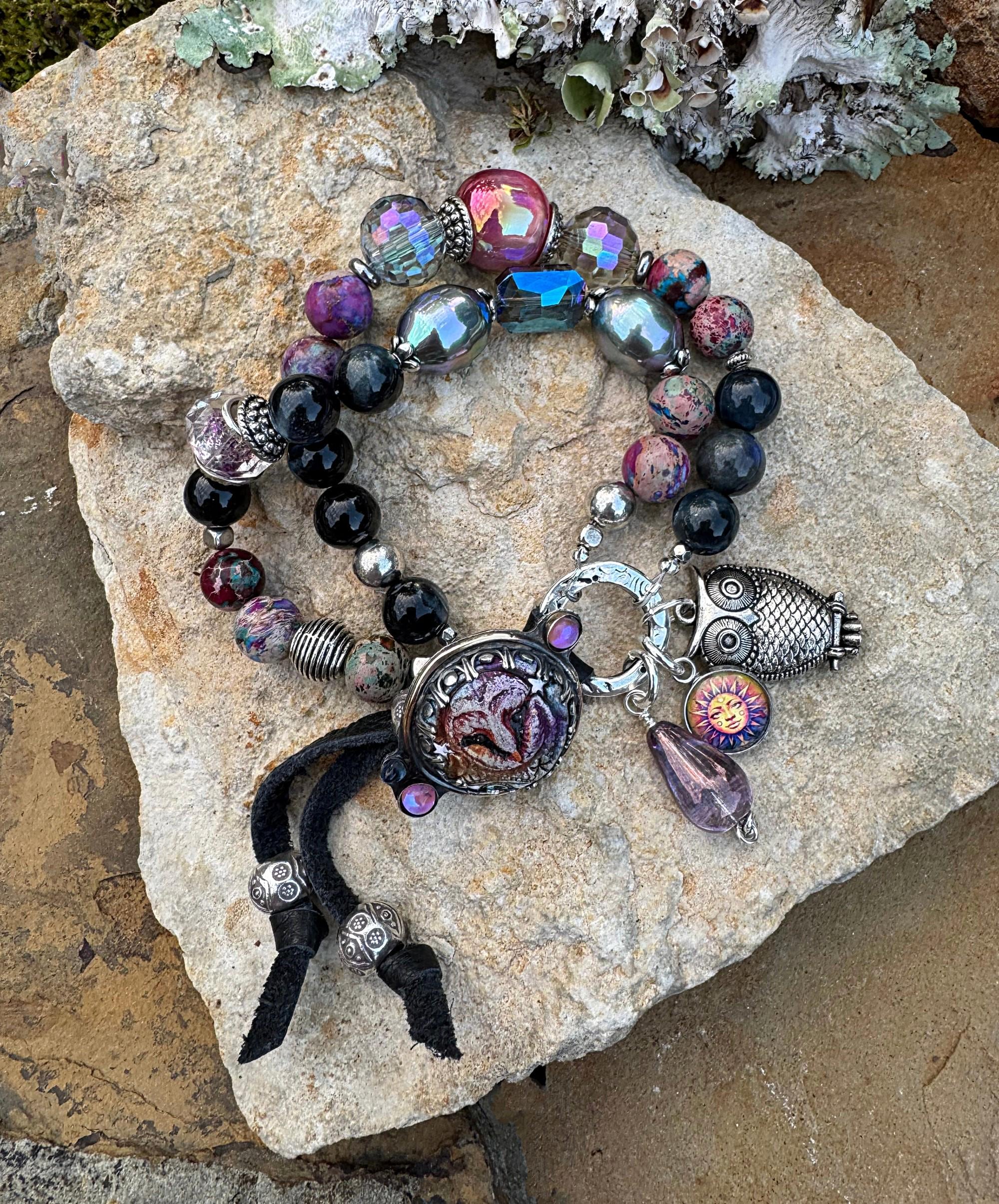 Mystical Owl Bracelet, Blue Tigers Eye, Imperial Jasper, Crystals, Hill Tribe Silver, Artisan Bracel
