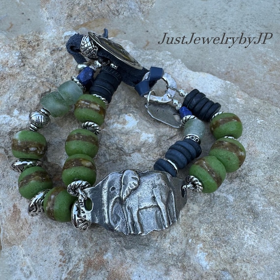 Elephant Chunky Boho Bracelet, Lapis, Trading Beads, Vintage Button, Adjustable, Elephant Lovers