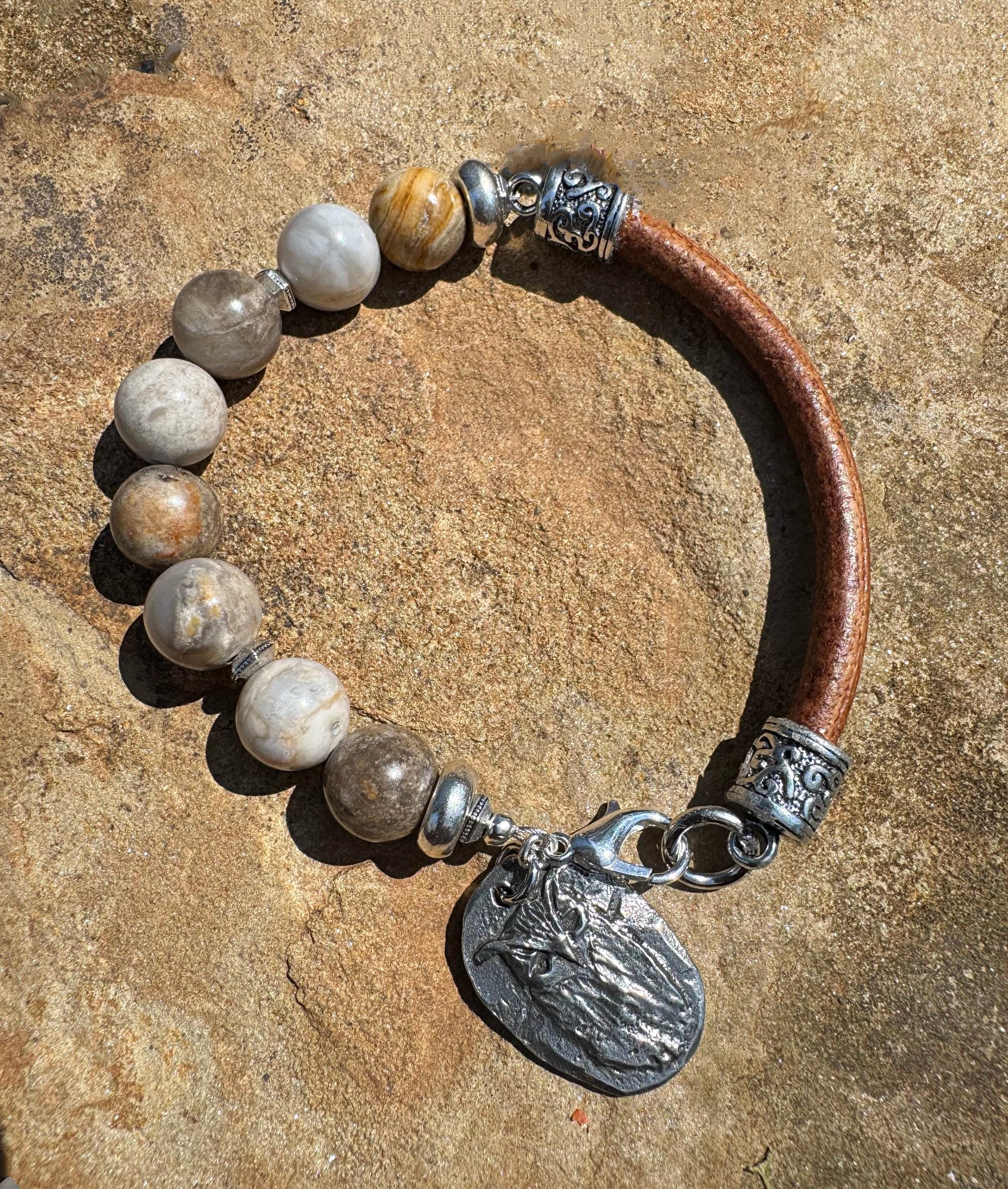 Leather And Jasper Beaded Pewter Owl Bracelet, Rustic Style