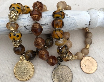 Chunky Beaded Charm Bracelets, Tigers Eye, Smokey Quartz, Gold Accents