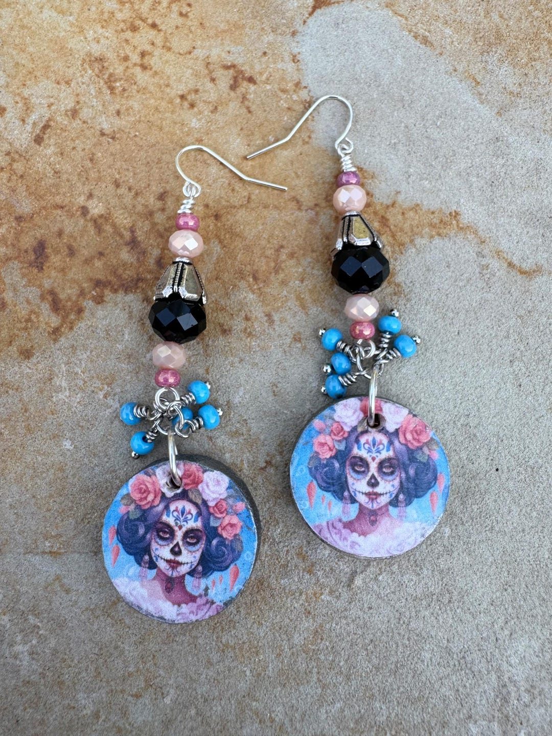 Day of the Dead Earrings, Sugar Skull Dangle Drop, Dia De Los Muertos ...