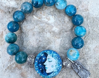 Celestial Blue Stretch Bracelet, Hill Tribe Silver, Focal Celestial Wood Bead, Artisan Charm