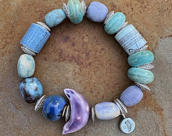 Chunky Ceramic Beaded Bracelet: Artisan Gaea Beads, Stretch Bracelet, Feather Charm