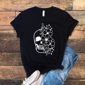 Women's Floral Skull T-shirt with Full Size Decal, Halloween, Sugar Skull, Spooky Design, Cute, Quirky Skull