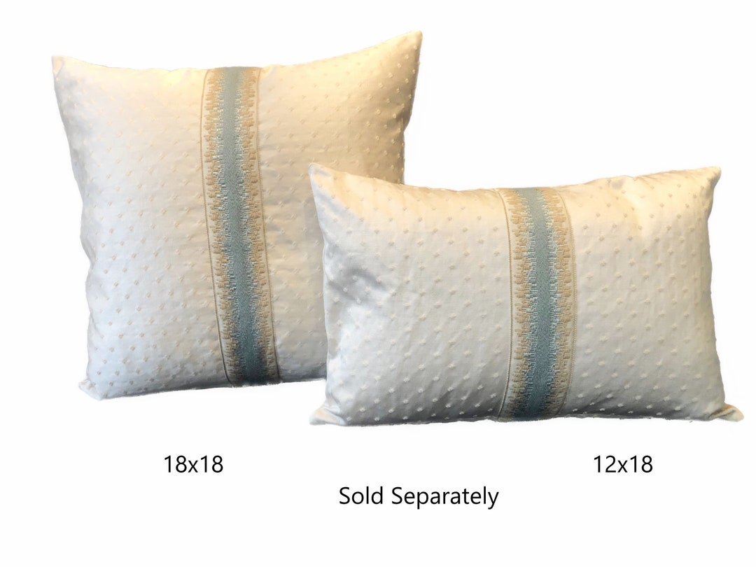 White Textured Pillow Cover With Decorative Blue, Tan and Cream Braid