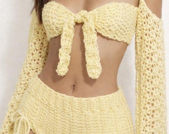 Crochet Summer Festival Cover Up Set | Custom Made to Order | Boho Tie Front Sleeve Top & Side Tie Skirt Outfit | Crop Top
