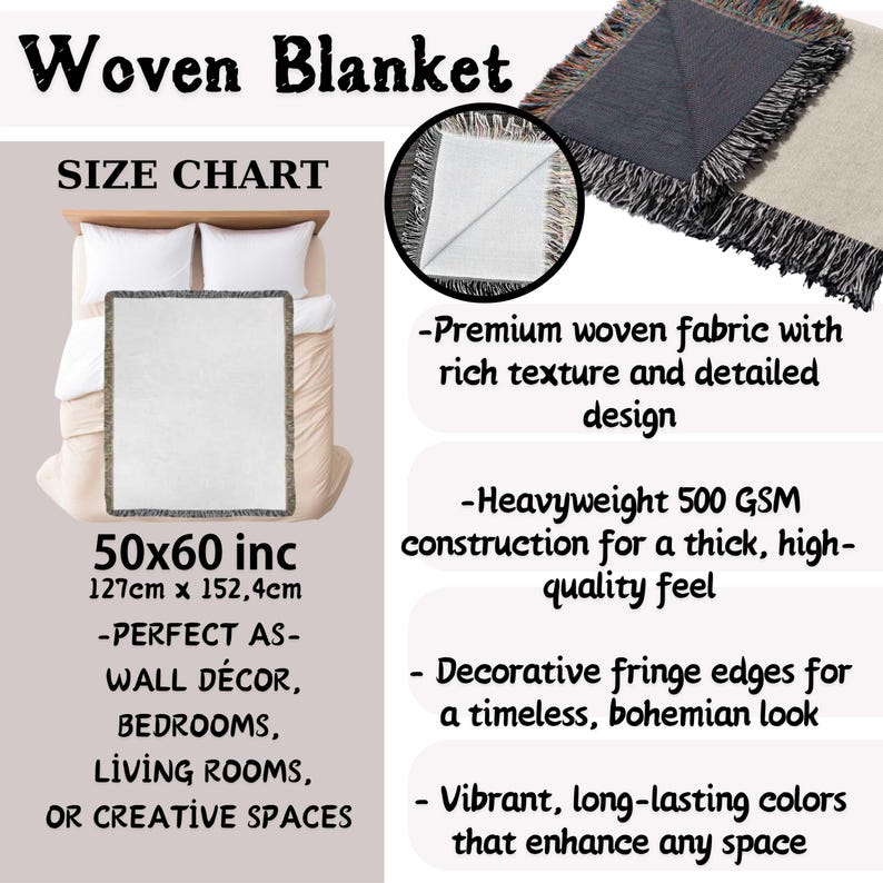 The image is a size chart for a woven blanket, providing details about the blanket's dimensions and features.