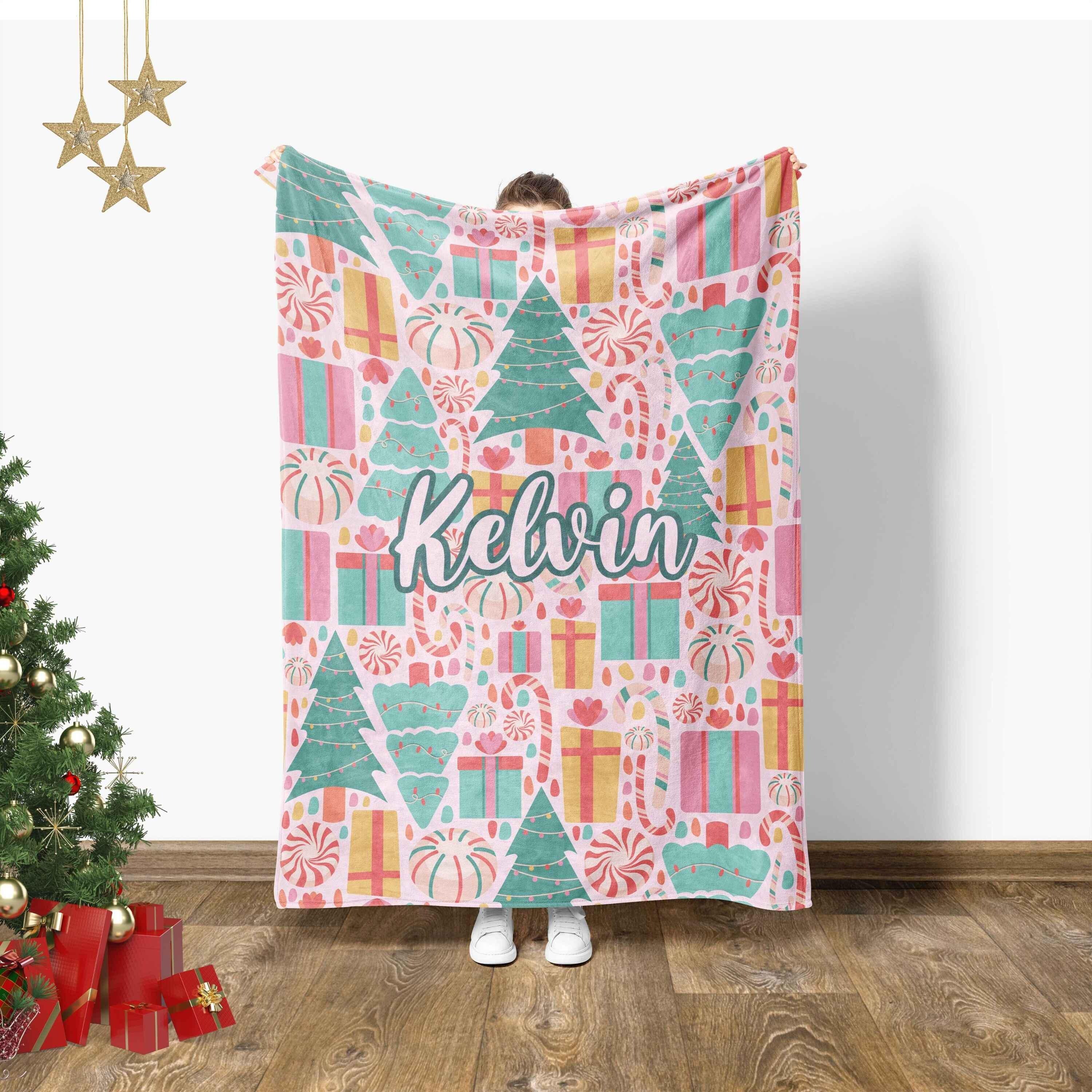 Custom Name Pink Christmas Blanket, Baby Girl First Christmas Gift, Holiday Nursery Decor, Xmas Gift For Kids,Winter Toddler Blanket Pattern