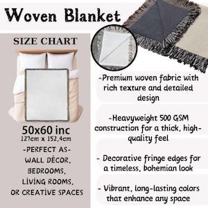 The image is a size chart for a woven blanket, providing details about the blanket's dimensions and features.