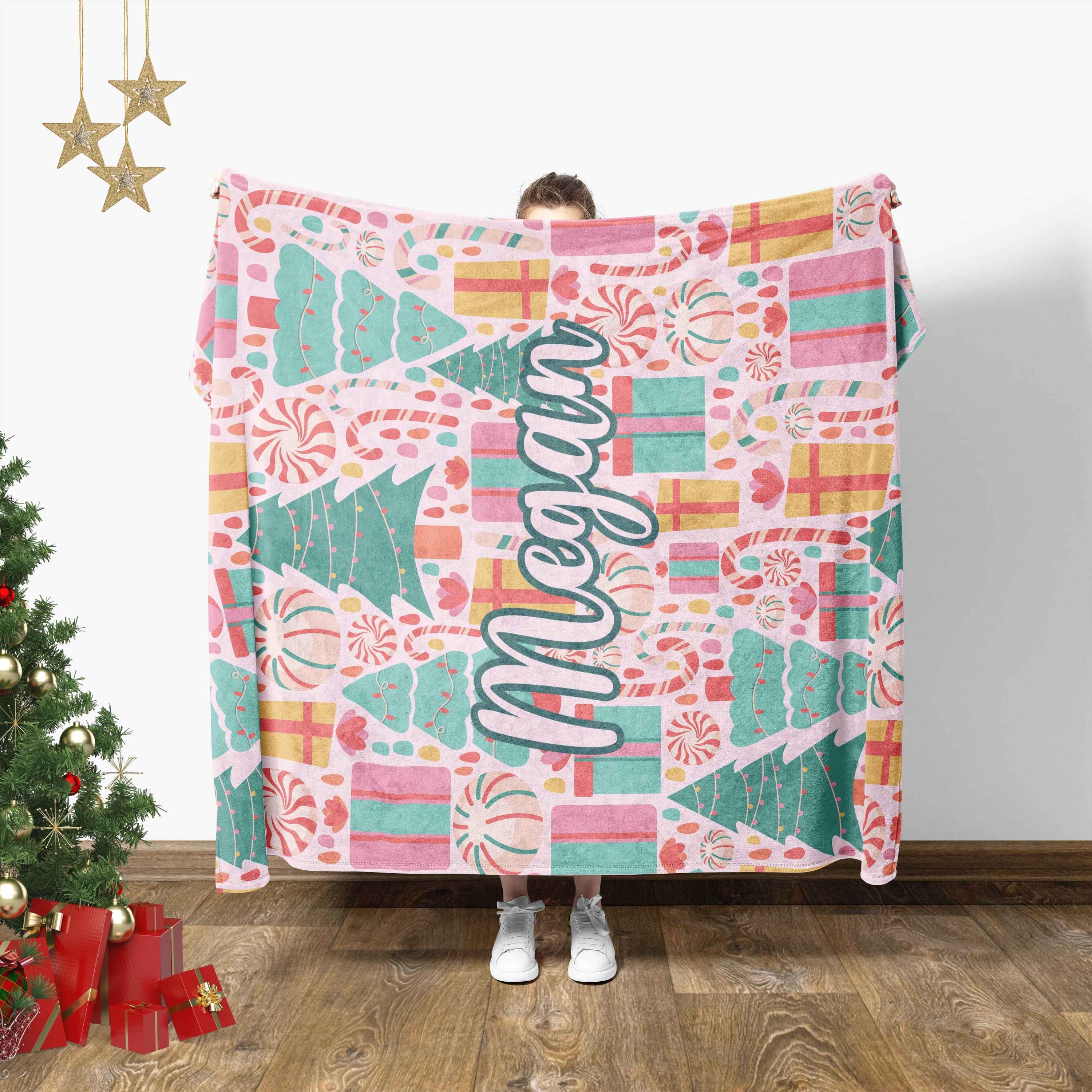 Custom Name Pink Christmas Blanket, Baby Girl First Christmas Gift, Holiday Nursery Decor, Xmas Gift For Kids,Winter Toddler Blanket Pattern