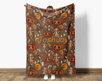 Personalized Fall Blanket, Pumpkin Witch Design,Custom Autumn Decor