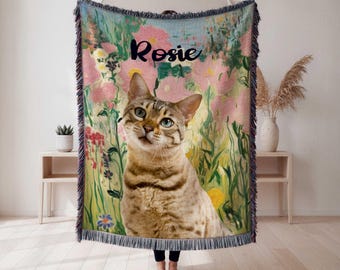 Custom Cat Woven Blanket With Photo: Personalized Floral Pet Memorial Christmas Gift