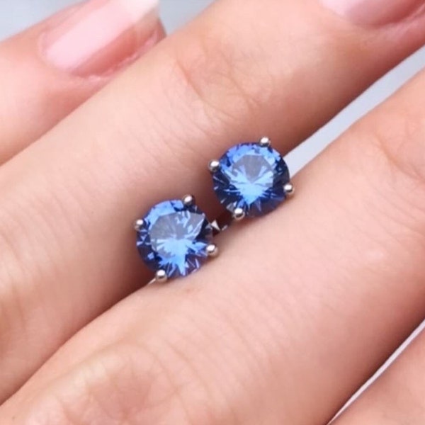 Cornflower Royal Blue Sapphire 2 CTW 6 mm 14K or 18K Solid White or Yellow Gold or Platinum Martini Stud Earrings Push or Screw Backs