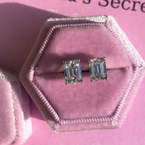 14K or 18K Solid White or Yellow Gold or Platinum 3.5CT 6x8mm Colourless Moissanite DEF Emerald Cut Stud Earrings