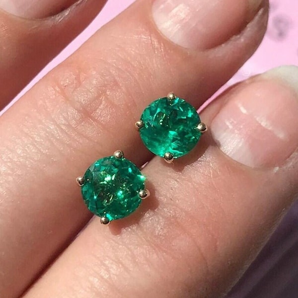 18K Solid White or Yellow Gold or Platinum Martini Stud Earrings Mined Round Colombian Emerald 1.90ctw 6.5mm