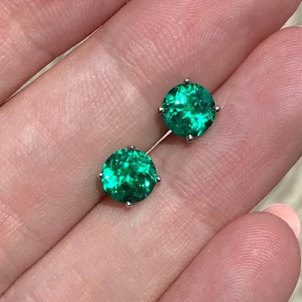 14K or 18K Solid White or Yellow Gold or Platinum Martini Stud Earrings Round Colombian Emerald 2ctw 6.5mm Muzo