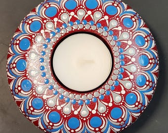 Handbemalter Dot Mandala Teelichthalter - rot, blau & weiß