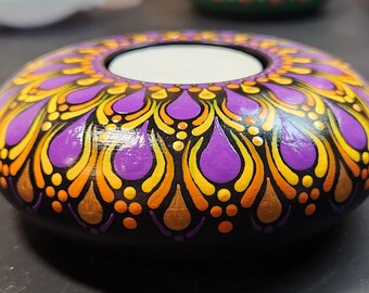 Handbemalter Dot Mandala Teelichthalter - lila & orange
